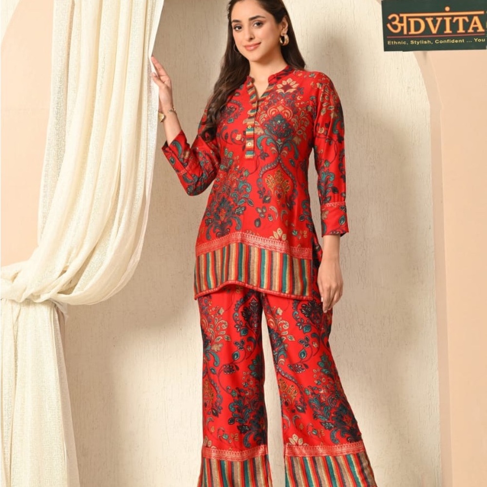 Red Floral coord set with gold print and vibrant stripes. Very good material